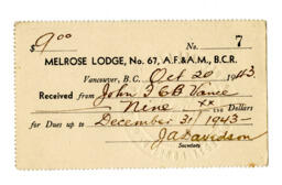 Melrose Lodge No. 67 membership card: 20-Oct-43