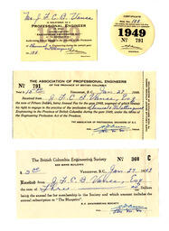 Receipts, membership certificate, and membership card from The Association of Professional Engineers: 27-Jan-49