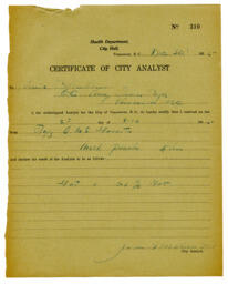   Certificate of City Analyst   