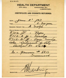 Certificate and Exhibits Returned - Health Department: 11-Jun-37