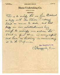 Letter from C.L. Haggard, Home Undertaking Co., Seattle: [19--]