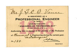 Professional Engineers of BC registration card: 01-Jan-48