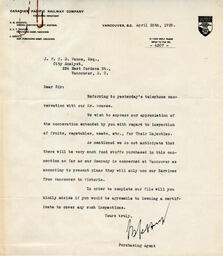 Letter to Vance from S.V.T. Jeffrey, Purchasing Agent, CPR: 25-Apr-39