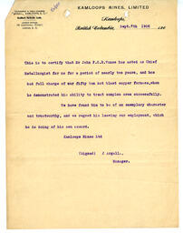 Vance reference letter from J. Argall, Kamloops Mines: 07-Sep-06