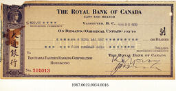 Cancelled Cheque, 1930 - Hong And Lee Chong Collection